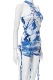 Blue Sexy Print Patchwork Halter Skinny Rompers