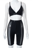 Black Fashion Sexy Solid Patchwork See-through Backless Spaghetti Strap Sleeveless Two Pieces