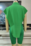 Green Fashion Casual Solid Asymmetrical Turndown Collar Short Sleeve Two Pieces