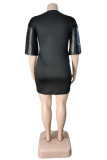 Black Fashion Casual Plus Size Letter Print Split Joint O Neck Short Sleeve Dress
