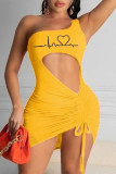 Blue Sexy Print Hollowed Out Draw String Frenulum Backless One Shoulder Sleeveless Dress