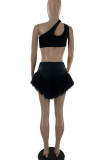 Black Sexy Solid Patchwork Feathers U Neck Two Pieces