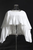 White Casual Solid Patchwork Flounce Fold O Neck Tops