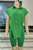 Green Fashion Casual Solid Asymmetrical Turndown Collar Short Sleeve Two Pieces