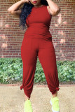 Red Fashion Casual Solid Patchwork O Neck Sleeveless Two Pieces