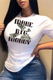 White Fashion Casual Print Basic O Neck T-Shirts