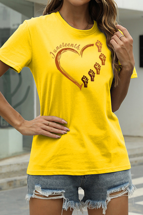 Yellow Fashion Casual Print Basic O Neck T-Shirts