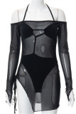 Blue Fashion Sexy Solid Bandage See-through Off the Shoulder Long Sleeve Two Pieces