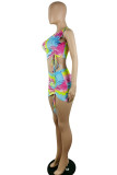 Multicolor Fashion Sexy Print Tie Dye Draw String Frenulum O Neck Sleeveless Two Pieces