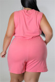 Pink Fashion Casual Solid Split Joint V Neck Plus Size Romper