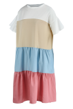 Red Casual Patchwork Flounce O Neck Cake Skirt Dresses