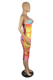 Multicolor Fashion Sexy Print Backless Cross Straps Spaghetti Strap Sleeveless Dress