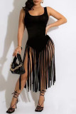 Red Sexy Solid Tassel Patchwork U Neck Vest Dress Dresses