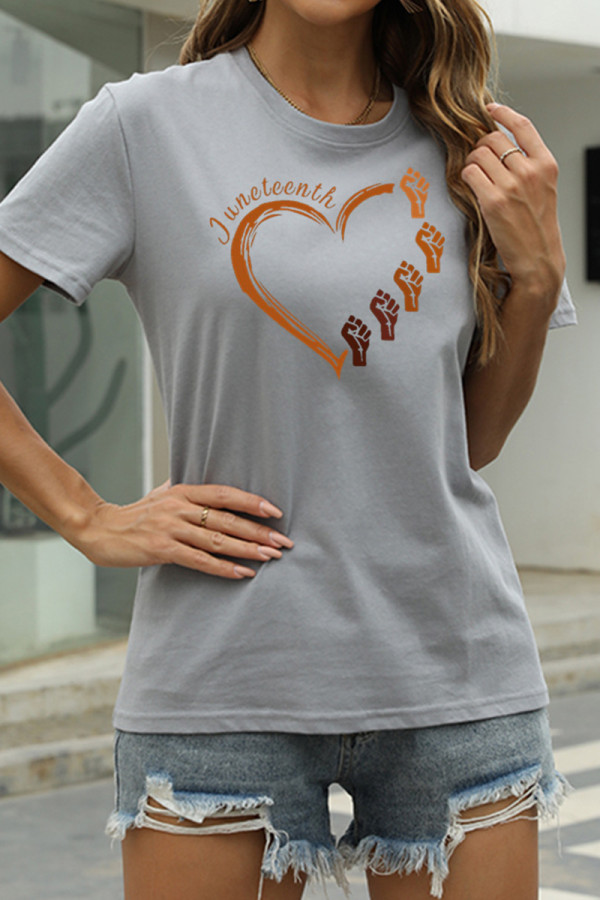 Grey Fashion Casual Print Basic O Neck T-Shirts