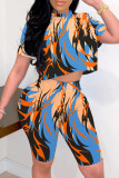 Blue Fashion Casual Print Basic O Neck Short Sleeve Two Pieces