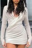 White Fashion Sexy Solid Bandage Patchwork Draw String Frenulum Hooded Collar Long Sleeve Dresses
