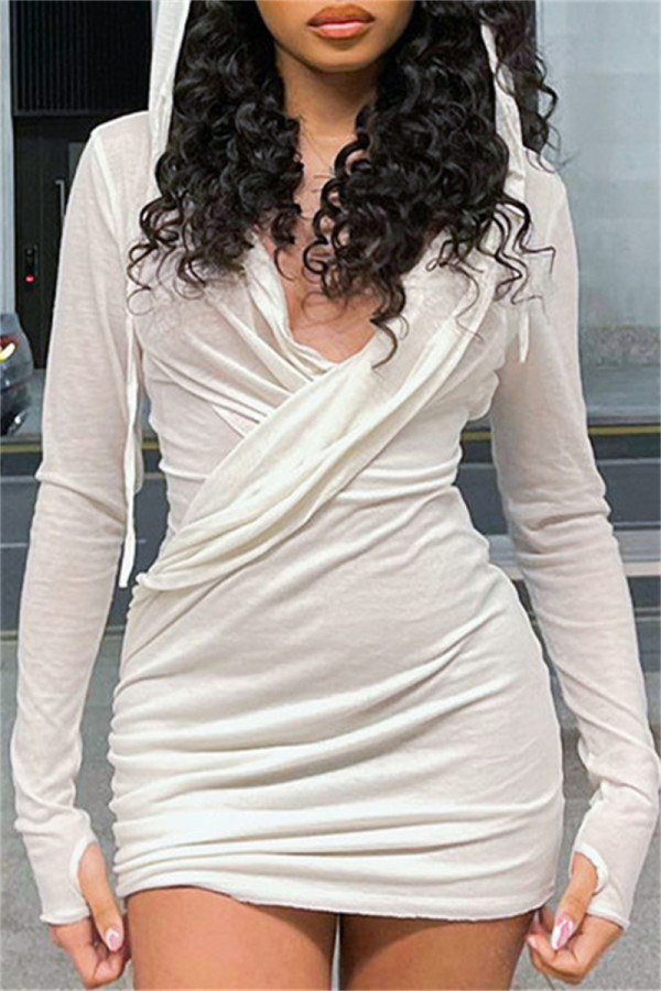 White Fashion Sexy Solid Bandage Patchwork Draw String Frenulum Hooded Collar Long Sleeve Dresses