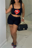 Blue Fashion Casual Lips Printed Bandage U Neck Sleeveless Two Pieces