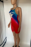 Red Sexy Gradual Change Print Patchwork Halter Skinny Rompers