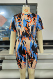 Blue Fashion Casual Print Basic O Neck Short Sleeve Two Pieces