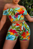 Multicolor Fashion Casual Print Patchwork Backless Off the Shoulder Short Sleeve Two Pieces