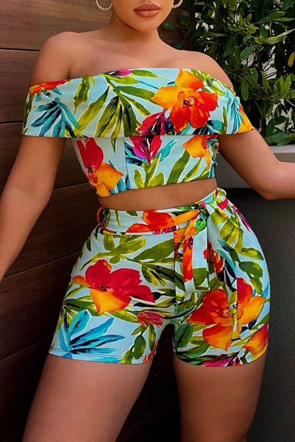 Multicolor Fashion Casual Print Patchwork Backless Off the Shoulder Short Sleeve Two Pieces