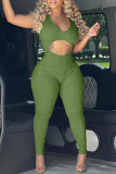 Green Fashion Casual Solid Hollowed Out V Neck Skinny Jumpsuits