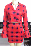 Red Fashion Plaid Patchwork Turndown Collar Long Sleeve Three Pieces