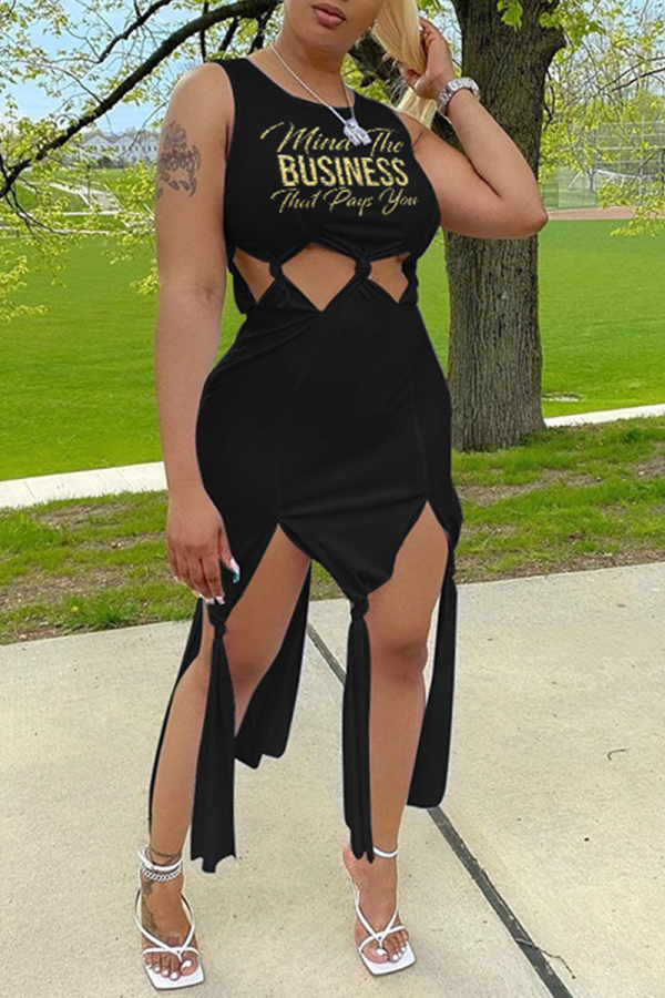 Black Fashion Print Hollowed Out O Neck Irregular Dress Dresses