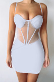 Blue Sexy Solid Patchwork See-through Spaghetti Strap Pencil Skirt Dresses