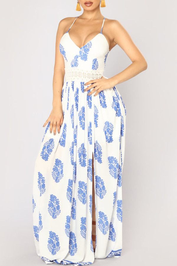 Light Blue Fashion Sexy Print Backless Slit Spaghetti Strap Long Dress