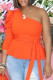 Orange Fashion Casual Solid Backless Oblique Collar Plus Size Tops