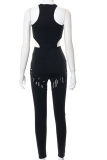 Black Sexy Solid Hollowed Out Halter Skinny Jumpsuits