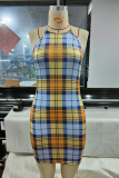 Yellow Sexy Plaid Patchwork Halter Pencil Skirt Dresses