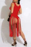 Red Sexy Solid Tassel Patchwork U Neck Vest Dress Dresses