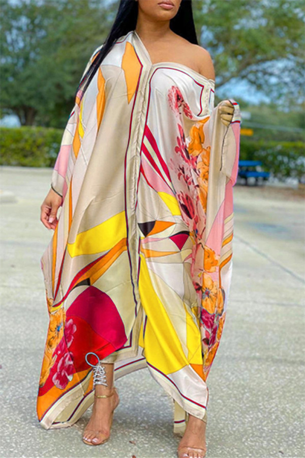 Red Yellow Fashion Sexy Print Asymmetrical V Neck Long Sleeve Dresses
