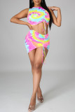 Multicolor Fashion Sexy Print Tie Dye Draw String Frenulum O Neck Sleeveless Two Pieces