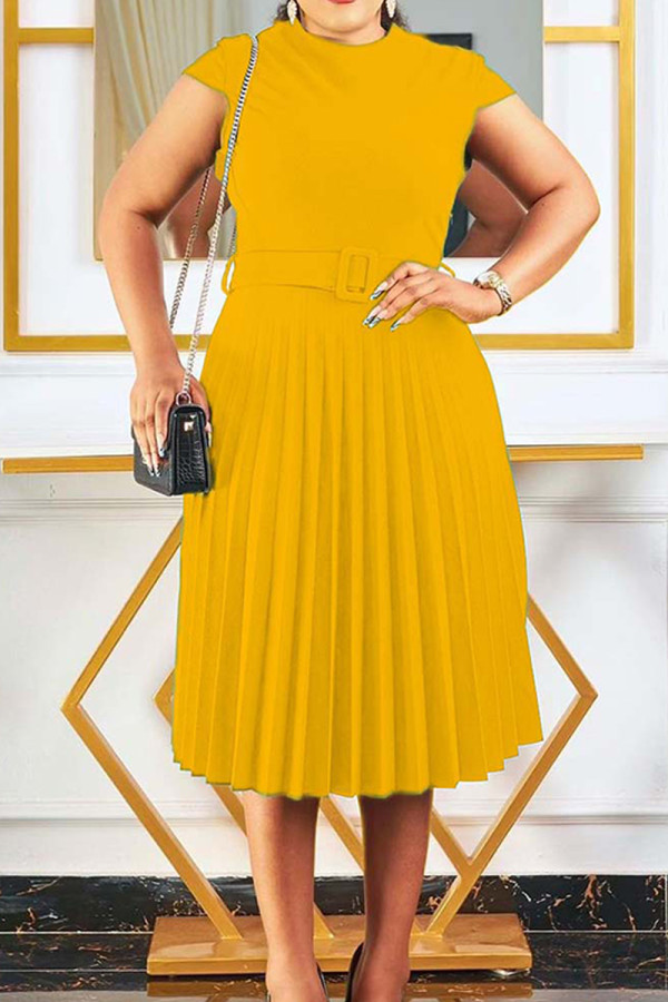 Yellow Fashion Casual Solid Patchwork Basic O Neck Pleated Dresses