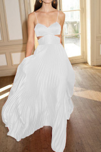 White Celebrities Elegant Solid Split Joint Fold Spaghetti Strap Straight Dresses