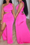 Rose Red Fashion Sexy Solid Hollowed Out Backless Slit One Shoulder Long Dress