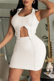 Cream White Fashion Sexy Solid Asymmetrical O Neck Sleeveless Two Pieces