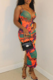 Colour Sexy Print Patchwork V Neck One Step Skirt Dresses
