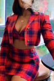 Red Fashion Plaid Patchwork Turndown Collar Long Sleeve Three Pieces