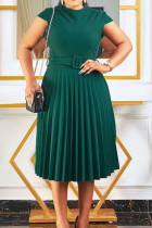 Green Fashion Casual Solid Split Joint Basic O Neck Pleated Dresses