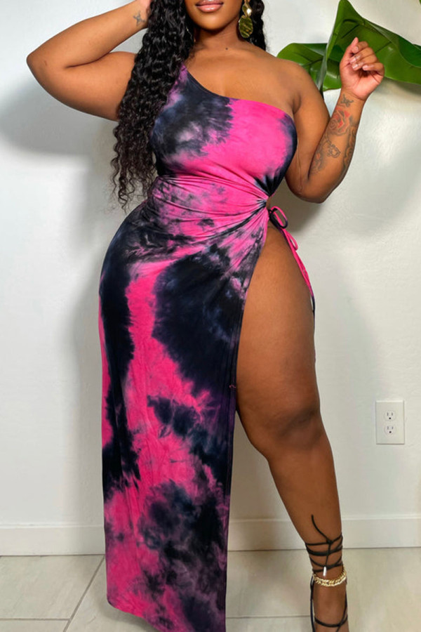 Rose Red Fashion Sexy Print Tie Dye Bandage Backless Slit One Shoulder Long Dress