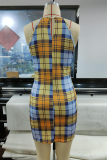 Yellow Sexy Plaid Patchwork Halter Pencil Skirt Dresses
