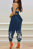 Black Sexy Casual Print Bandage Backless Spaghetti Strap Regular Jumpsuits