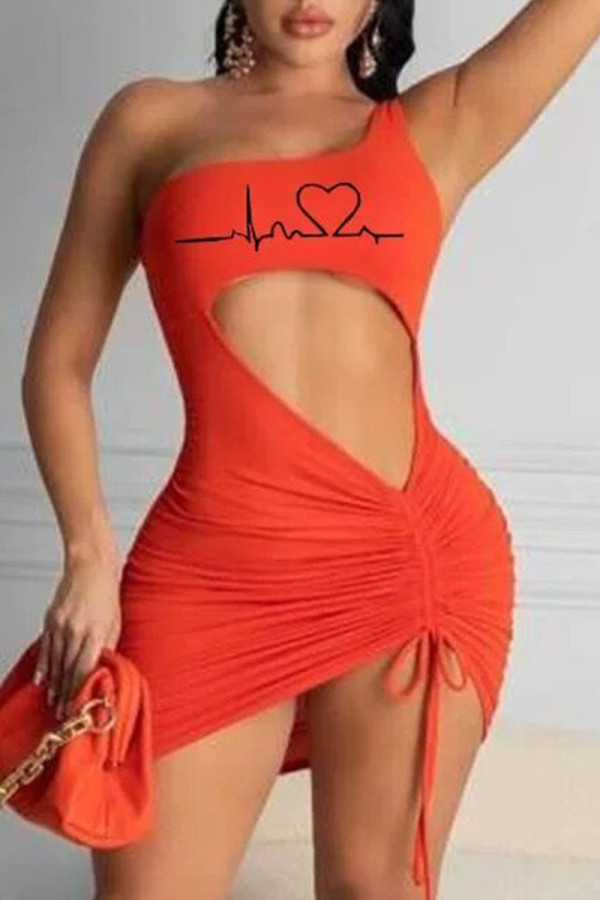 Orange Sexy Print Hollowed Out Draw String Frenulum Backless One Shoulder Sleeveless Dress