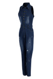The cowboy blue Fashion Casual Solid Ripped Split Joint Turndown Collar Skinny Jumpsuits