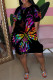 Black Fashion Casual Butterfly Print Basic O Neck Short Sleeve Dress